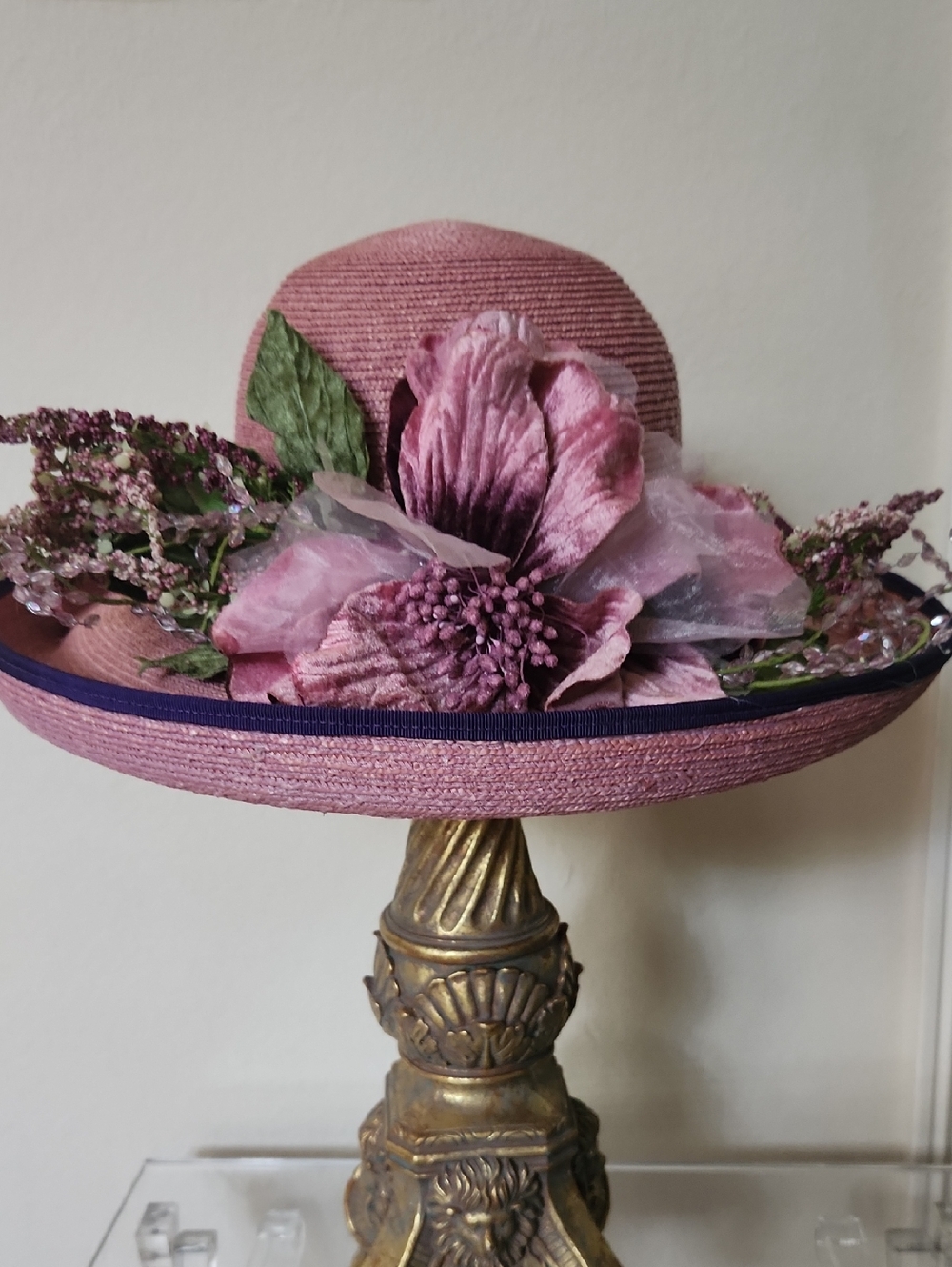 Elegant Pink Floral Trim Wide-Brim Women's Hat